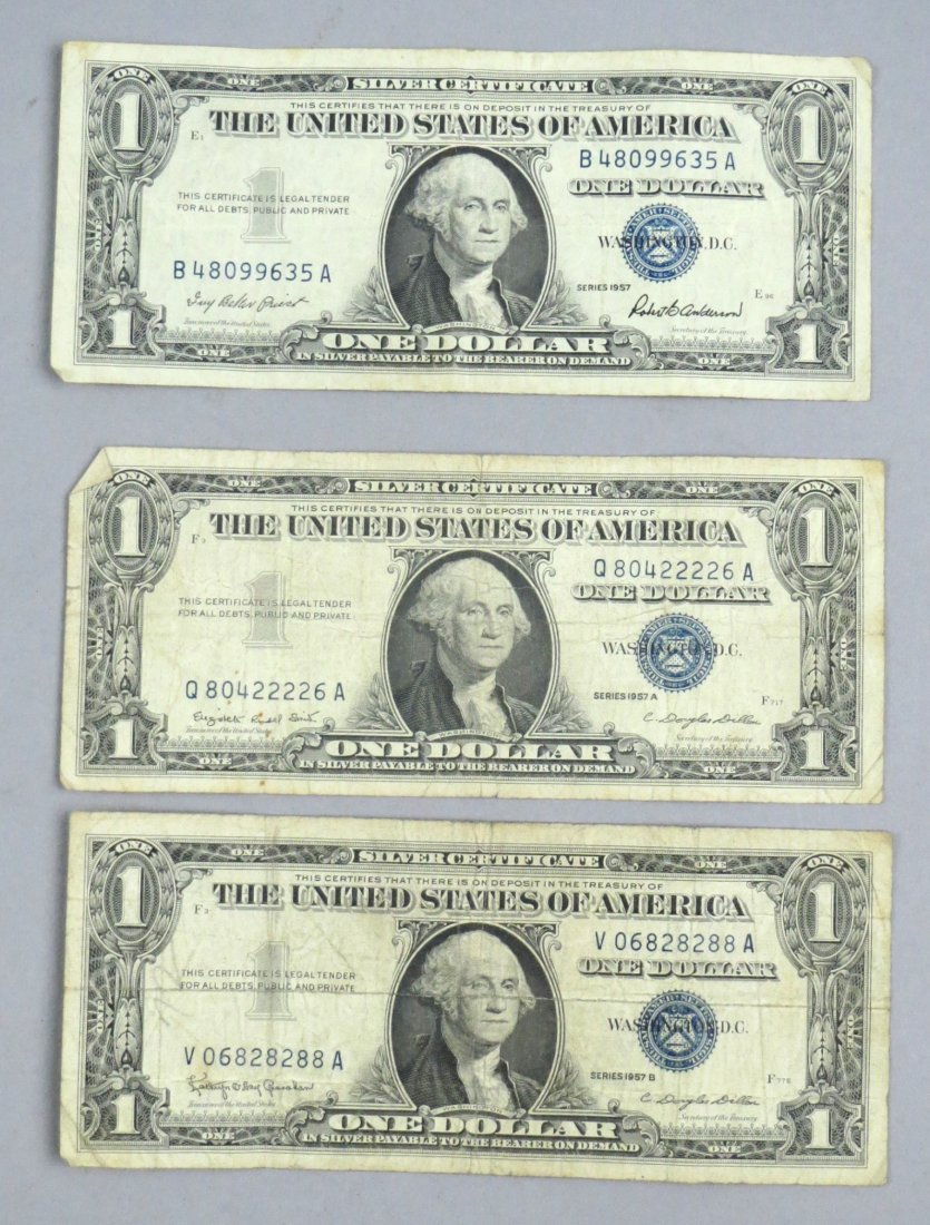 Lot of 3 Silver Certificate 1957 & 1957 A B Dollar Bill: Lot of 3 Silver Certificate dollar Bills dated 1957, 1957 series A, and 1957 series B. Please refer to photos for condition.