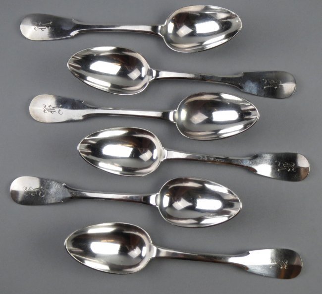 c1870 Christofle Table/Serving Spoons Set of 6: These cool old victorian spoons are Christofle. They are approx 8 3/8" long. The markings on the back are the factory mark, maker mark, Alfenide and the number 70 in a square cartouche. The handle end