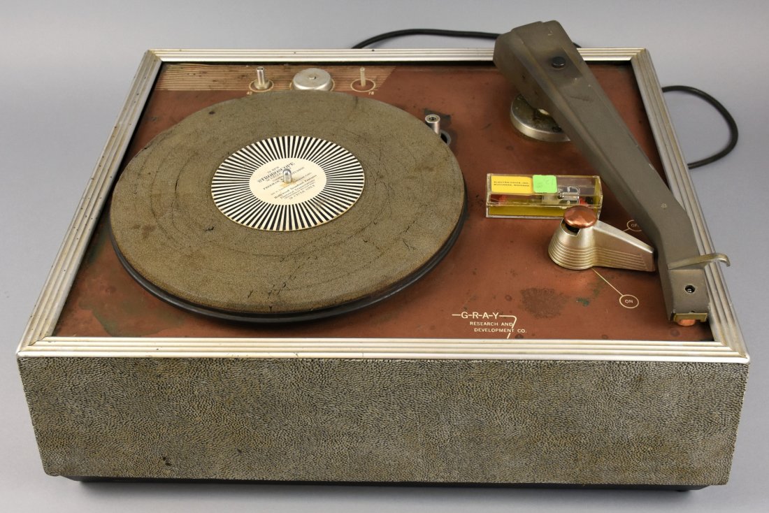 Gray Transcription Turntable Record Player: This transcription turntable was from people who worked as DJ's at KGBR radio station in California. It is marked "Gray Research & Development Co." There are 4 switches on the surface, on/off, 45, 45 