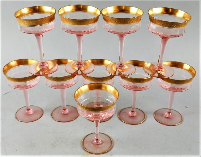 Vintage Tiffin Franciscan Rambler Rose Glasses: This lovely set of 10 glasses is from Tiffin Franciscan with the pattern name being Rambler Rose. They stand approx 5 3/8" tall. Flea bites on three of the glasses, all else fine. Gold in excellent co