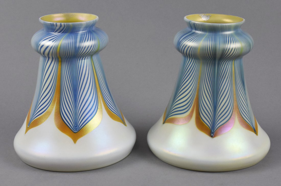 Steuben Pulled Feather Bell Glass Shades: Wonderful Steuben glass lamp shades in a bell shape. These shades are creamy white with blue feather detail and gold outlines. The interior is solid gold, and the entire shade has a nice pink iridesce