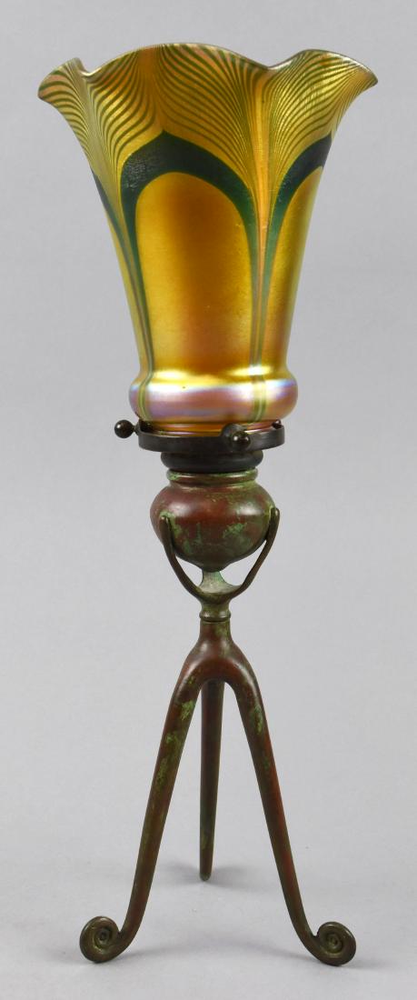 Tiffany Style Art Nouveau Tripod Candlestick & Shade: American Art Nouveau bronze organic tripod candlestick by in the art nouveau Tiffany Studios style, finished in a reddish brown patina. The candlestick is unsigned, Marked "S1230", and (most of these 