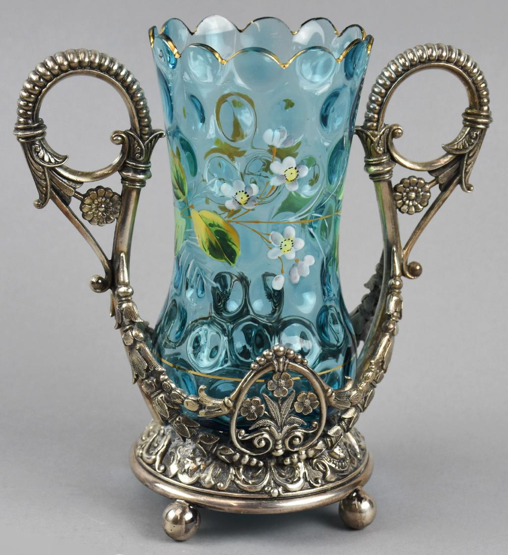 Victorian James W. Tufts Celery Vase, Coin Dot Glass: Absolutely beautiful and interesting James W. Tufts celery vase. The light blue coin dot glass insert shows yellow and white enameled flowers with multi tone green leaves. The ruffle on the glass rim 