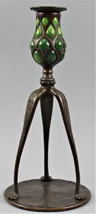 Tiffany Studios Bronze Blown Glass Candlestick: Beautiful Tiffany Studios organic tripod candlestick, or holder, with green blown glass insert. Stamped on the bottom, Tiffany Studios New York Number appears 1213 or 1218 and other numbers that can't