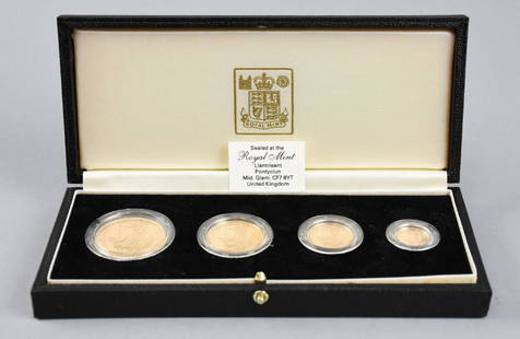 Great Britain 4 Piece Proof Gold Britania Set 1987: Beautiful 4 coin Gold proof set in denominations of 100 pounds (34.050 Grammes coin weight, 1 ounce minimum fine gold content), 50 pounds (17.025 Grammes coin weight, 1/2 ounce minimum fine gold conte