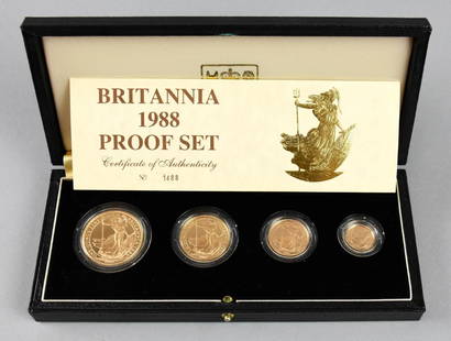 Great Britain 4 Piece Gold Britania Proof Set 1988 with: Beautiful 4 coin Gold proof set in denominations of 100 pounds (34.050 Grammes coin weight, 1 ounce minimum fine gold content), 50 pounds (17.025 Grammes coin weight, 1/2 ounce minimum fine gold conte