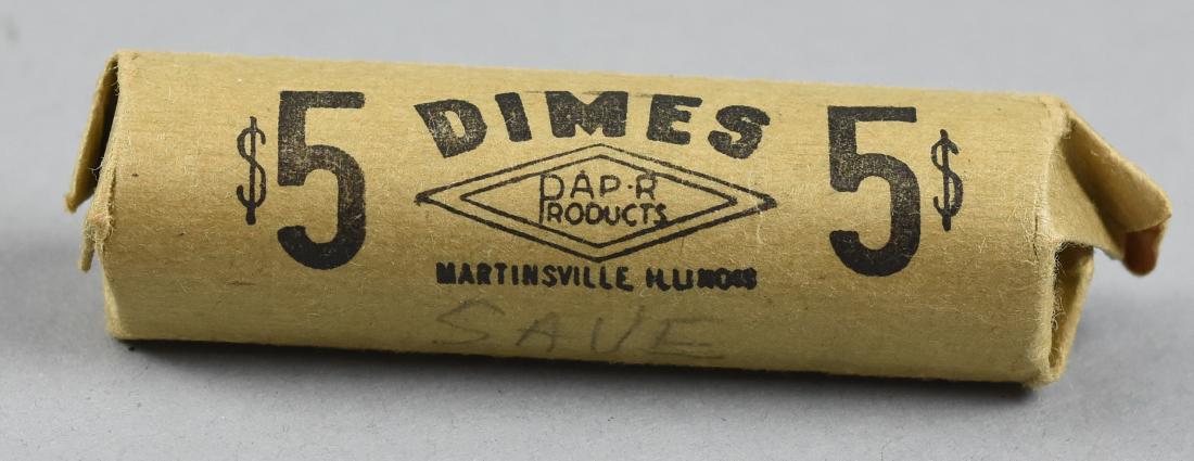Unsearched roll of Dimes: Lot of a roll of unsearched Dimes, one of the dimes showing is a 1964 silver dime. Have not searched the dimes and do not know if the rest are silver.