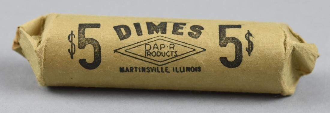 Unsearched roll of Dimes, silver: Lot of a roll of unsearched Dimes. Lot shows a 1962 and a 1964 dimes. unsearched so do not know if the rest of the dimes are silver. Appears to be hand rolled.