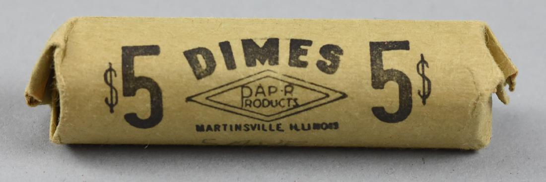Unsearched Roll Of Dimes: Unsearched roll Of dimes. Appears hand rolled. Shows 1964 on one end. Can not tell if the rest of the dimes are silver.