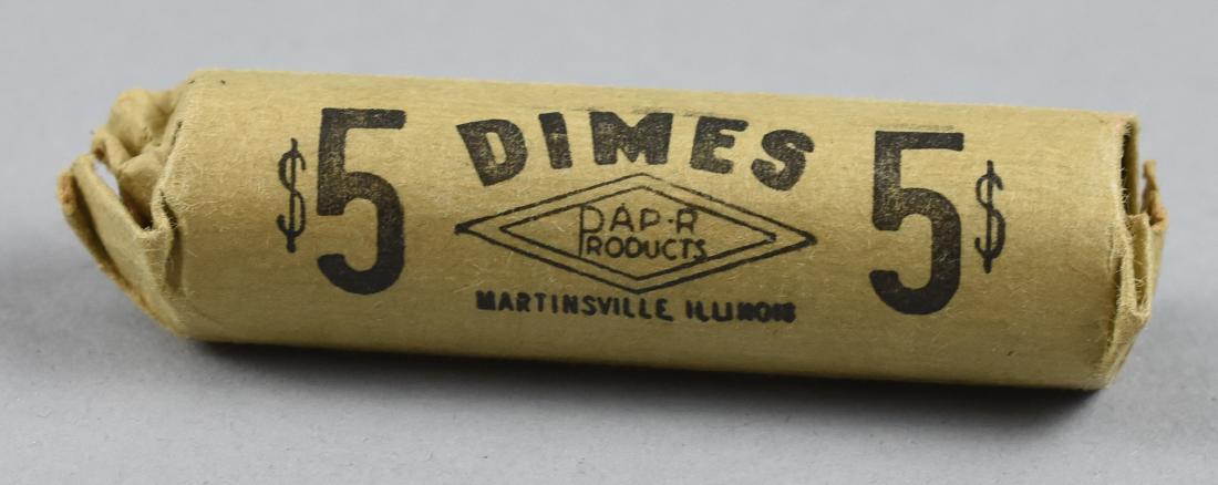 Unsearched roll of Dimes, Showing 1954: Lot of a roll of unsearched Dimes. Showing 1954 Dime at the end. Unsearched so unable to verify that all are silver.