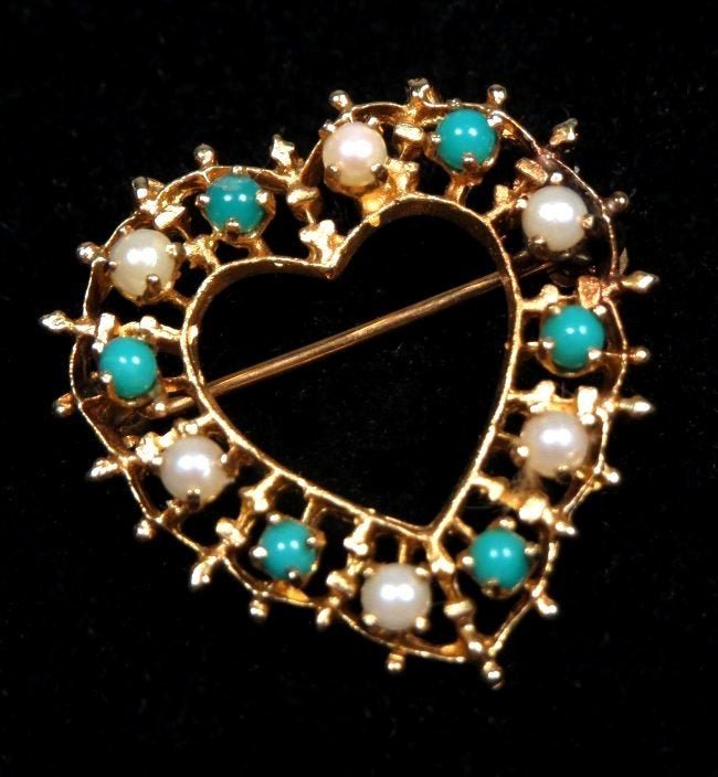 Victorian Sweetheart 14K Pearl & Turquoise Heart Brooch (1 of 3)