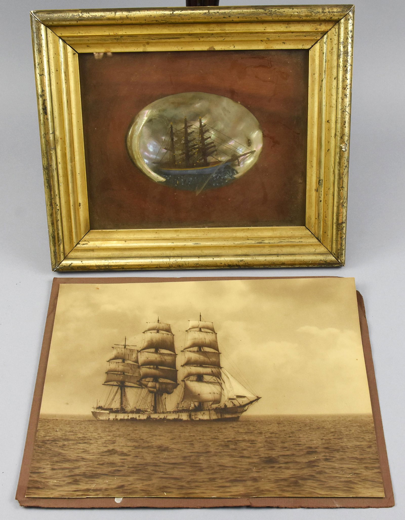 Antique Mariners Tall Ship Diorama: Interesting lot of 2 items. 1 is an antique photo of a 3 masted tall ship unfurling its sails in a light breeze. The other piece appears to be an antique ship diorama, as it is a shell with a 3 masted
