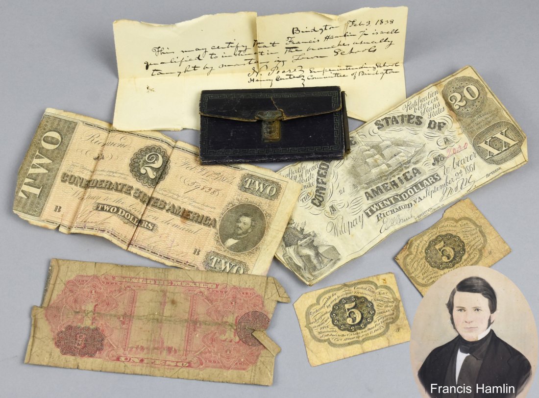 Wallet Of Francis Hamlin, c1835 & contents: Here is another rare find, tucked away in his collection was this needle case/billfold and inside were some interesting items. Needle case/billfold is made by "O.H. Blood, Self Licensee" and has an ad