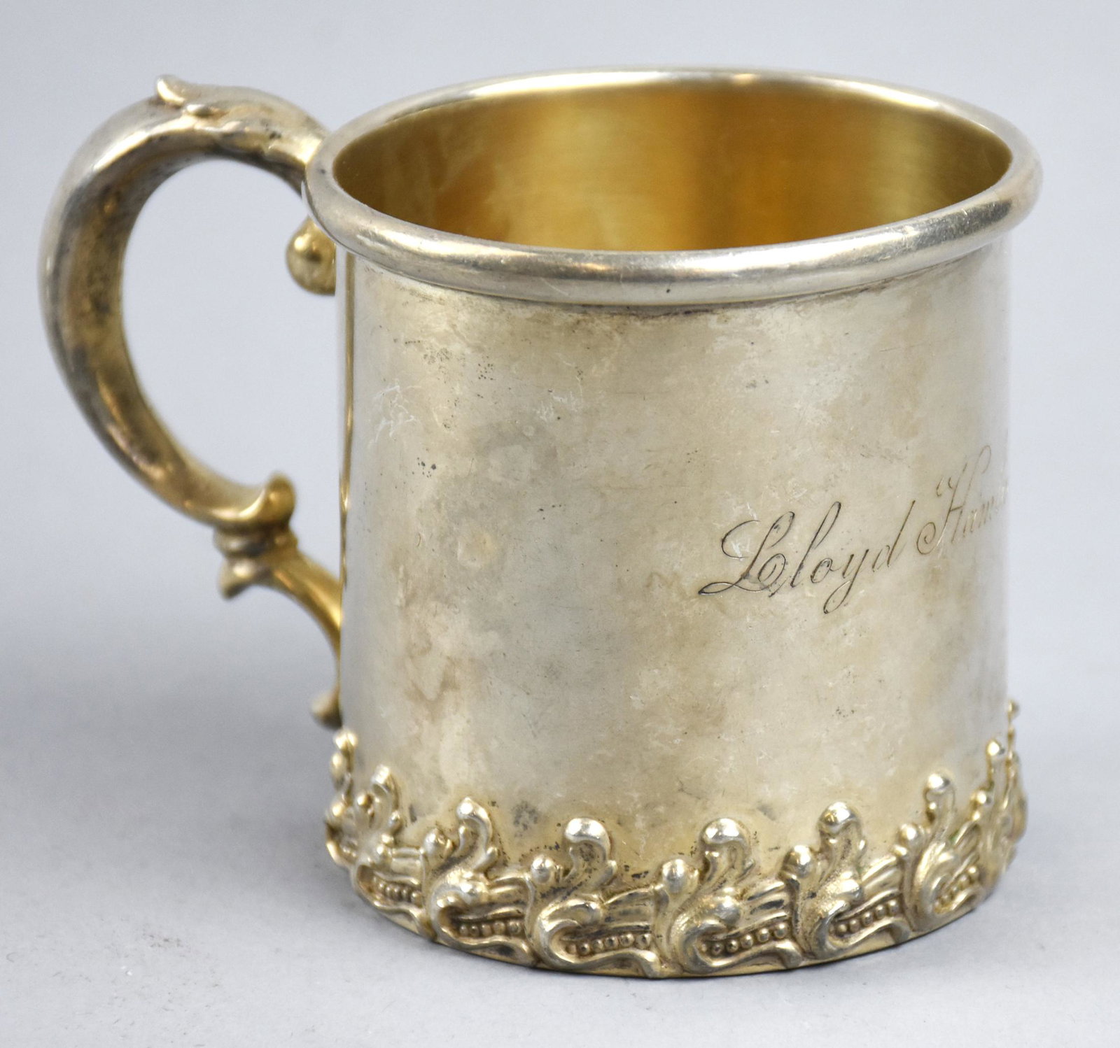 c1900 Woodside Sterling Co. Engraved Cup/Mug: This gorgeous sterling cup or mug is from Woodside Sterling Co (1896 -c1925). It is monogrammed on the front with Lloyd Hamlin Ashley in cursive. The design of the cup appears to be in all one piece w