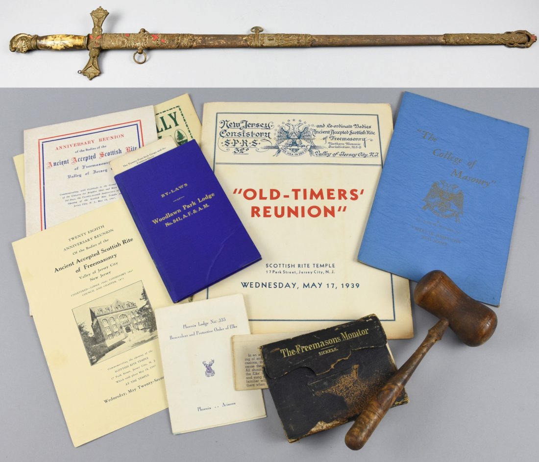 Freemason Masonic Fraternity Lot: Small lot of various Freemasonry paper items from different lodges. Lot consists of....1 sword & scabbard Knight of Cloumbus (Andrew Fine name engraved), 1 wood gavel (repaired), "The Freemason's Moni