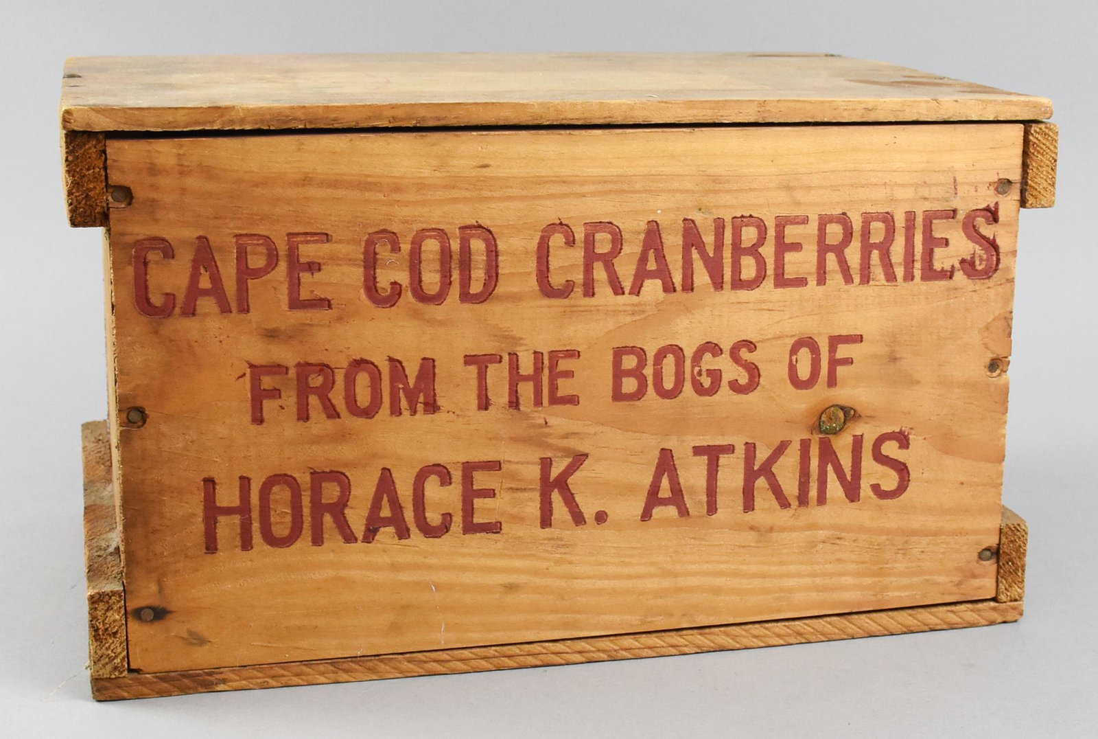 Antique Horace T Atkins Cranberry Crate: This cool old crate that had the cranberries removed and sealed right back up. The information of the distributor is on both sided in red lettering. It has been at one time used to store Christmas orn