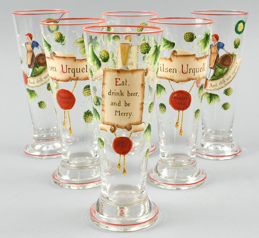 Pilsner Urquell BEER Glasses, Set 6 Enamel Oct 06, 2019 Appraisal & Estate Sale Specialists