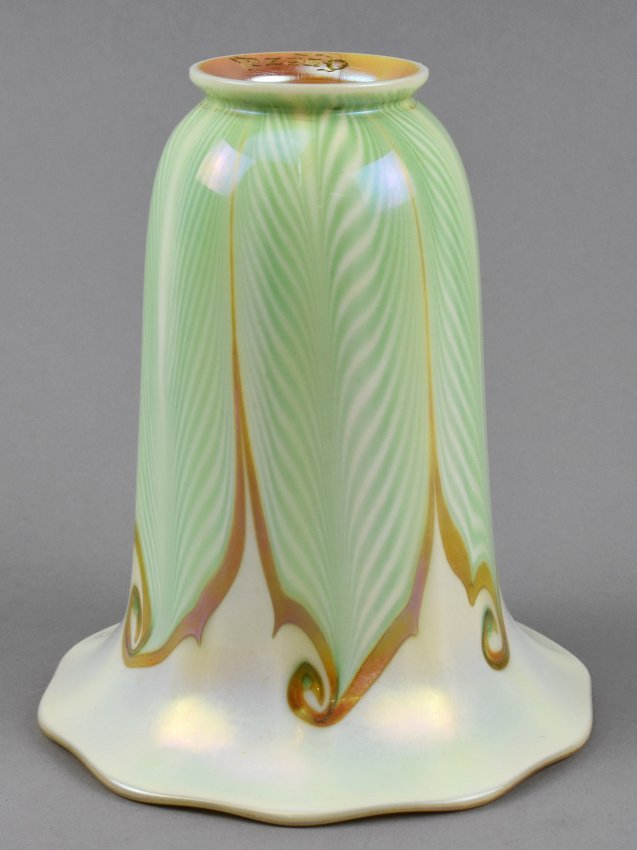 Signed Quezal Pulled Feather Art Glass Shade. (1 of 5)