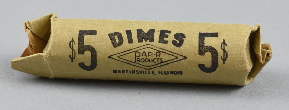 Unsearched Roll of Dimes, Silver: Lot of a roll of unsearched Dimes. Appears rolled by hand. One end shows the back of a mercury dime, and the other a 1964 dime. Unsearched, do not know if the rest of the dimes are silver.