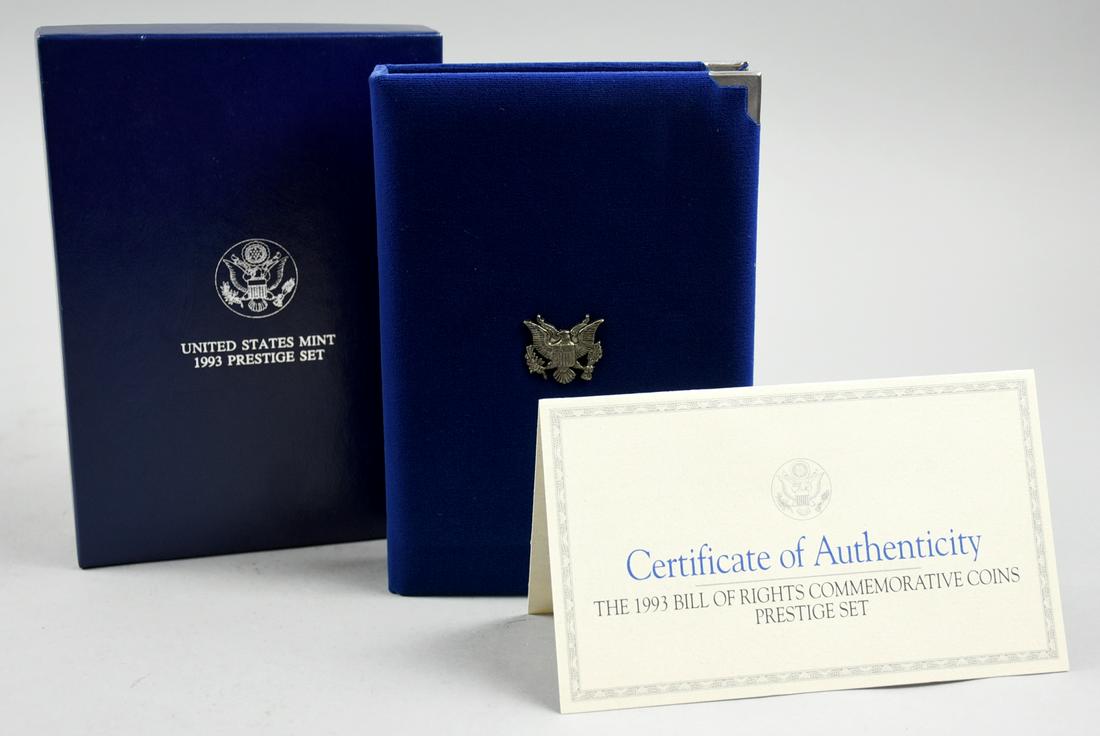 1993 United States Bill of Rights Commemorative Coins: This set contains 7 coins. A Silver Dollar, a Silver Half Dollar, a Kennedy Half Dollar, a Washington Quarter, a Roosevelt Dime, a Jefferson Nickel and a Lincoln Penny. All encased by the United State