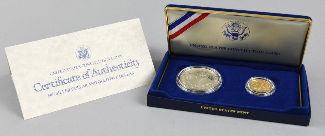 1987 Gold $5 and Silver $1 Constitution coin set: This 1987 $5 gold coin and $1 Silver coin are United States Constitution coins. The $5 Gold coin was minted at the San Francisco Mint and is 0.2687 troy ounces of 0.900 pure gold, and the $1 silver co