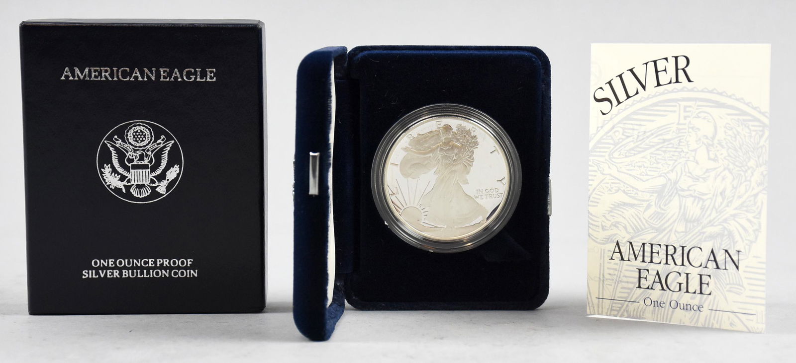 1994 P One Ounce Proof Silver Bullion American Eagle: 1994 P Silver American Eagle coin. 1 ounce Proof silver bullion that has been encased by the United States Mint and housed in a velvet lined case and accompanied by a Certificate of Authenticity.