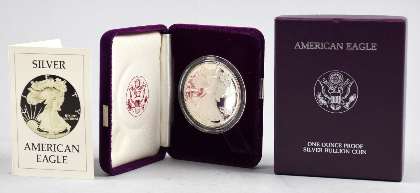 1986 S One Ounce Proof Silver Bullion American Eagle: 1986 S Silver American Eagle coin. 1 ounce Proof silver bullion that has been encased by the United States Mint and housed in a velvet lined case and accompanied by a Certificate of Authenticity.