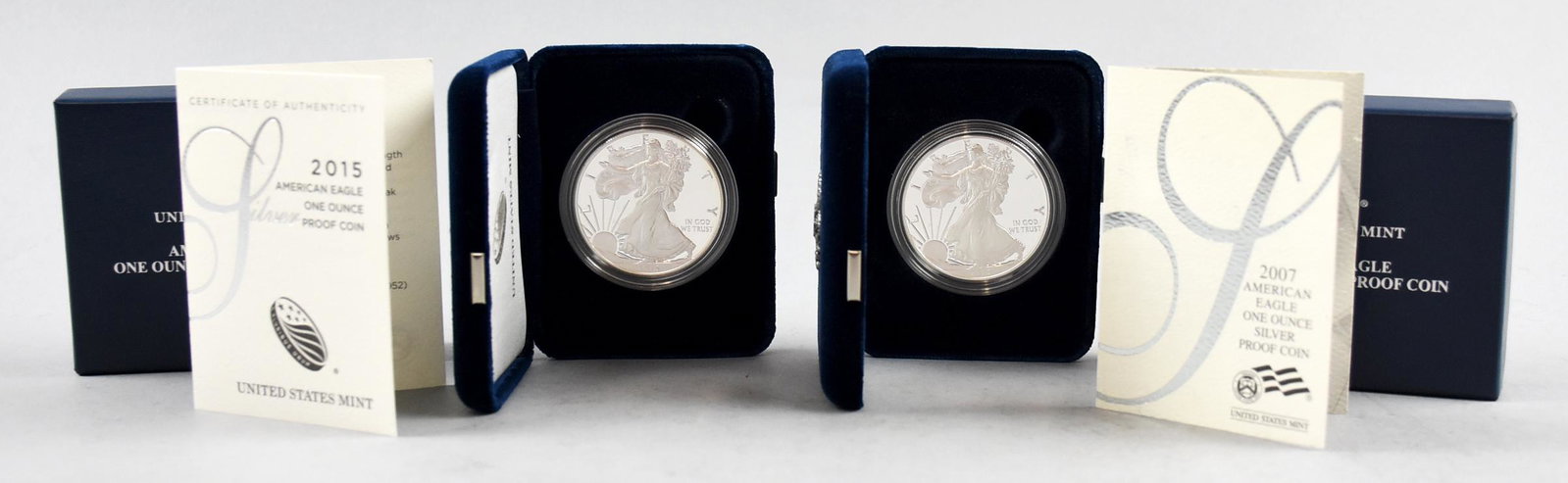 Lot of 2 2015 W One Ounce Proof Silver Bullion American: Lot of 2 2015 W Silver American Eagle coins. 1 ounce Proof silver bullion that has been encased by the United States Mint and housed in a velvet lined case and accompanied by a Certificate of Authenti