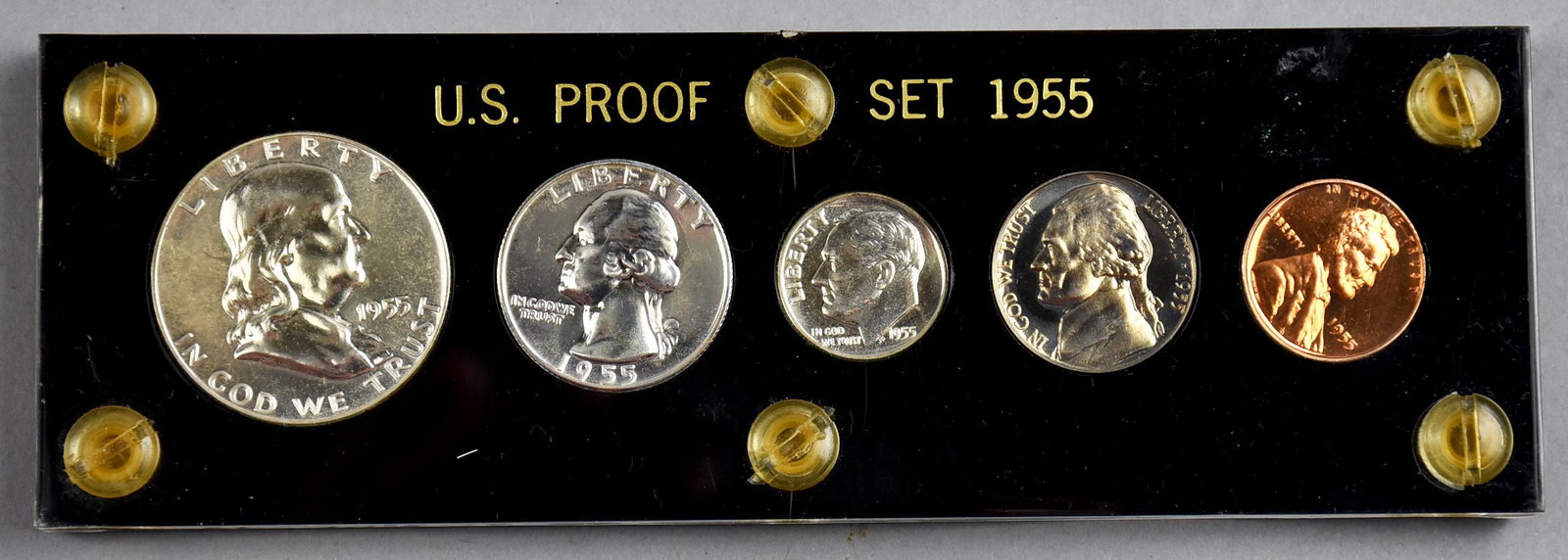 Sealed 1955 U.S. Proof Set: 1955 U.S. proof set, includes a Franklin half dollar, a Washington quarter, a Roosevelt dime, a Jefferson nickel and a Lincoln penny