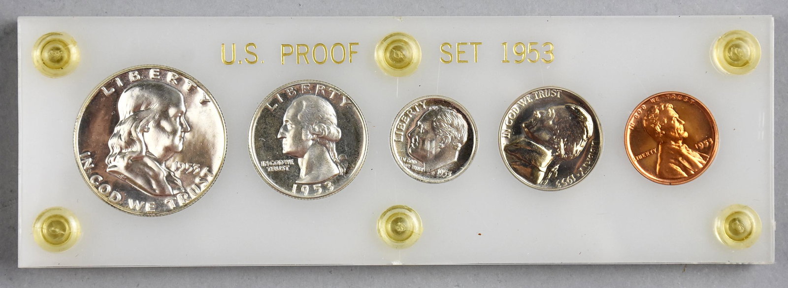 Sealed 1953 U.S. Proof Set: 1953 U.S. proof set, includes a Franklin half dollar, a Washington quarter, a Roosevelt dime, a Jefferson nickel and a Lincoln penny