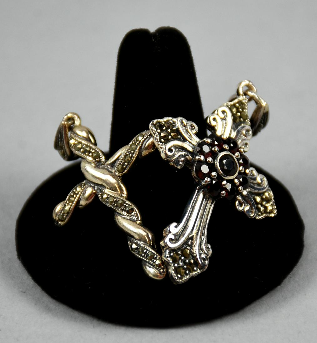Pair Sterling Crosses, Marcasite, Garnet: These would make great gifts for the upcoming holidays, Each cross is sterling, one being twisted sterling with marcasite accents. Stamped TH 925, measures approx 1 3/4" x 1". The other is ornate with