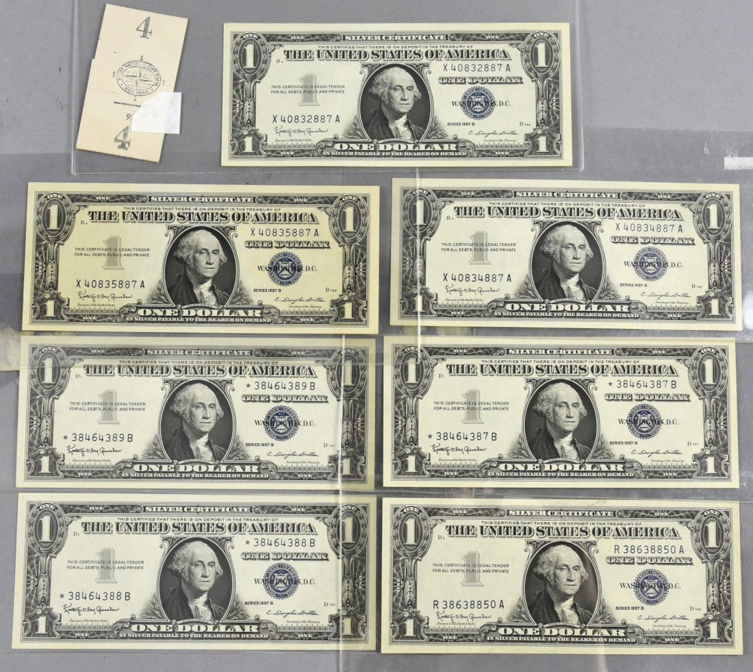7 One Dollar 1957 B "Blue Seal" Silver Certificates: Lot of 7 "Blue Seal" Silver Certificate one dollar bills. 2 sets of 3 are of sequential serial numbers. Series 1957 B