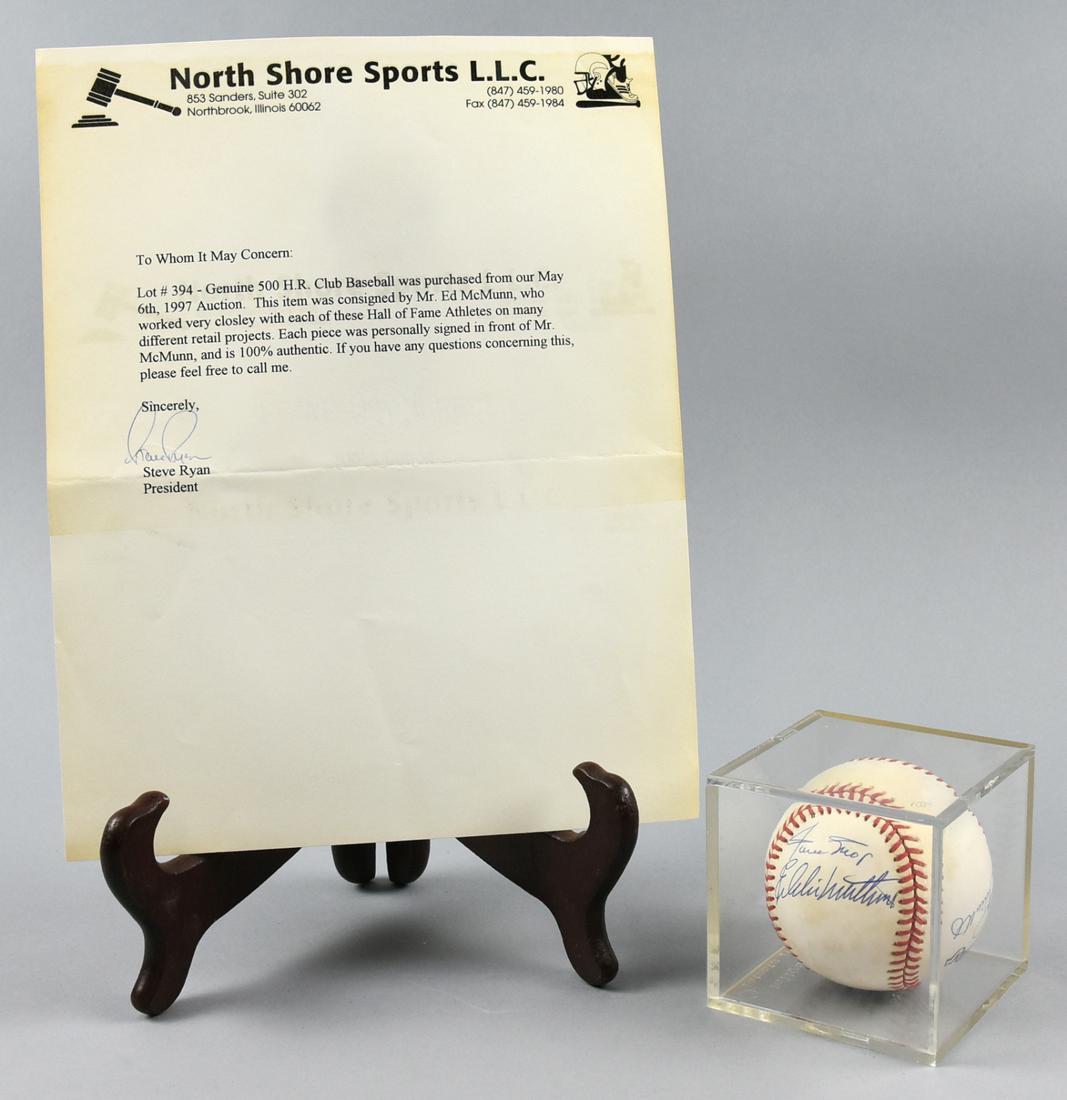 500 HR Club Five Player Signed Ball, LoA: Some of the greatest hitters in baseball have signed this ball. There are five in all, Willie Mays, Hank Aaron, Mike Schmidt, Eddie Matthew and Ernie Banks. Ball is kept in lucite display box and is i