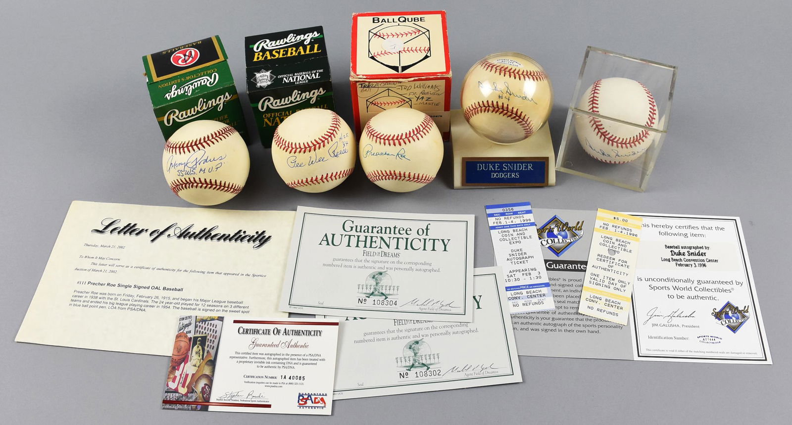 Brooklyn Dodgers Signed Balls, Reese, Snider, Etc. COAs: This lot of five baseballs have been signed by baseball players who all played for the Brooklyn Dodgers, most of whom came to Los Angeles when the team moved. Preacher Roe was the only player that ret