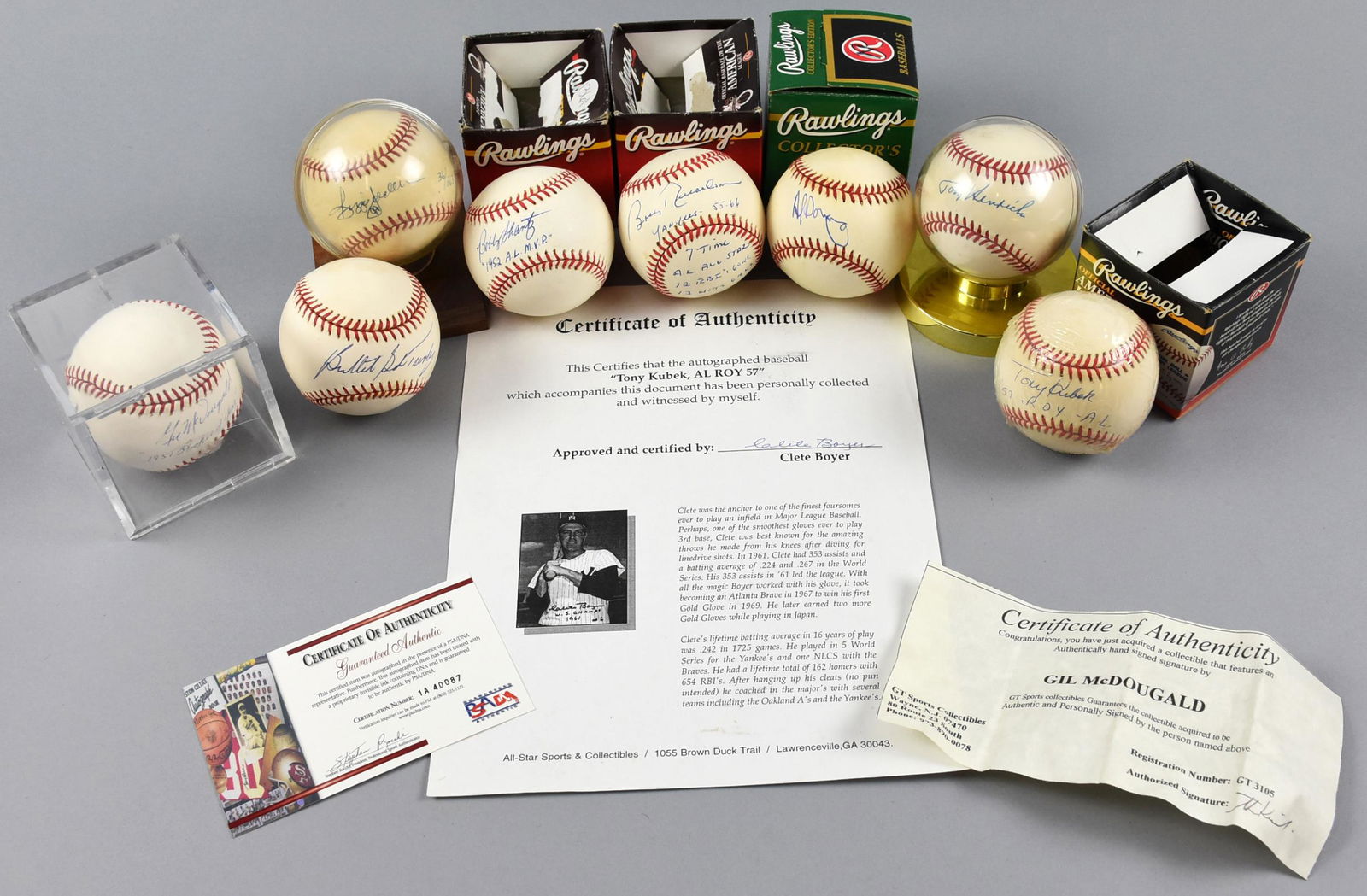 Signed Baseballs, NY Yankees, Jackson, Downing, Etc.: This lot of eight baseballs signed by players from the New York Yankees. Names are Reggie Jackson, Al Downing, Bob Shantz, Gil McDougald, Bob Richardson, Tommy Henrich, Tony Kubek and "Bullet" Bob Tur