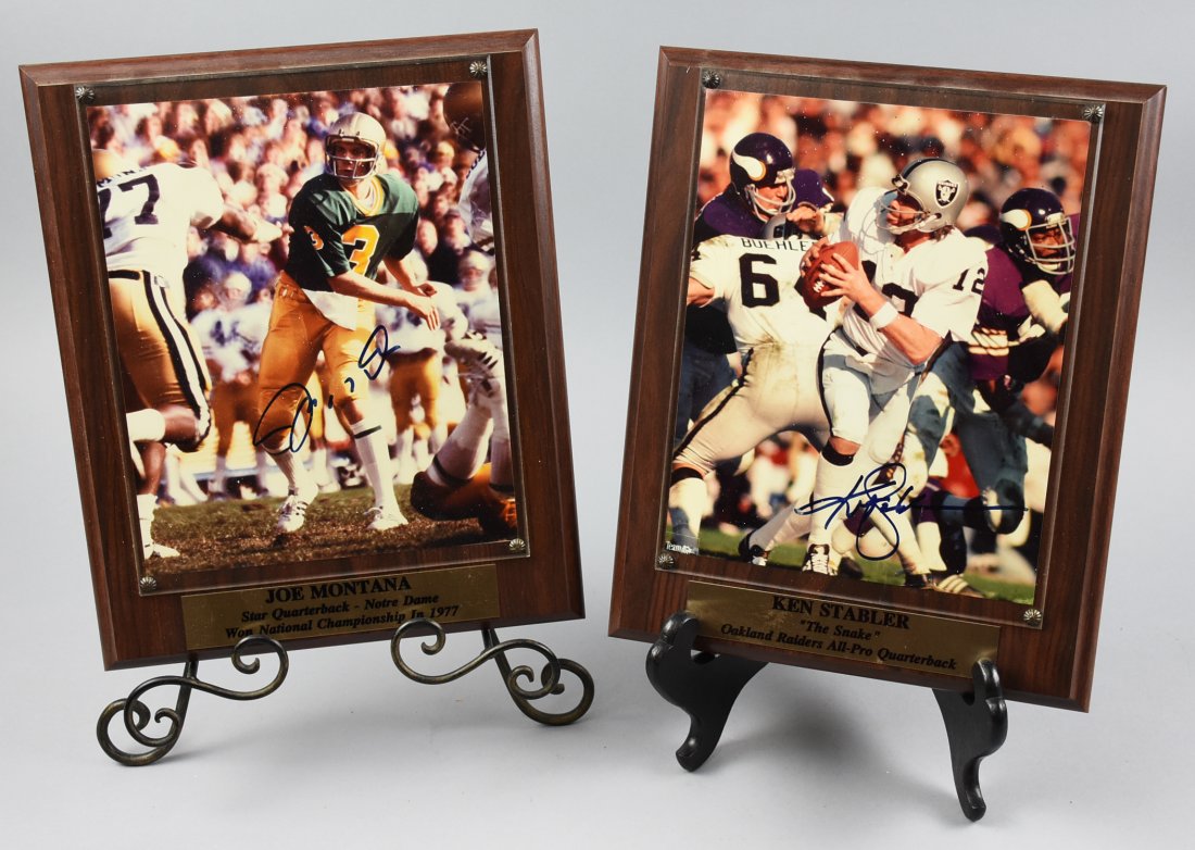 NFL Quarterback Signed Photo Plaques, Stabler, Montana: These two plaques were signed by two big name players in the NFL. Hall of Famer Ken Stabler played the majority of his career with the Oakland Raiders leading them to a Super Bowl victory in the 1976-