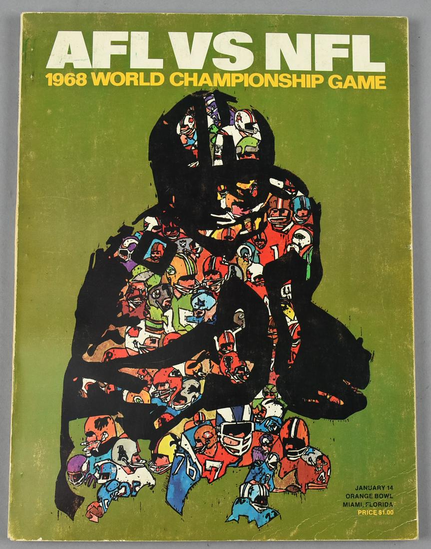 1968 AFL vs NFL Championship Program, Packers/Raiders: Very nice official World Championship souvenir magazine for the 1968 AFL vs NFL game played between the Green Bay Packers and the Oakland Raiders. Now known as Super Bowl II, the game was held in Miam