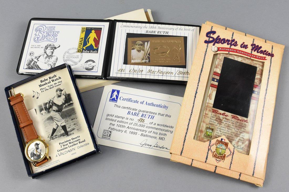 Babe Ruth Commemorative Items: The Bambino is remembered in this nice lot of items in Babe Ruth's honor. You will get a Sports in Motion lenticular cels card showing him take a swing and start to run. This was taken from the final