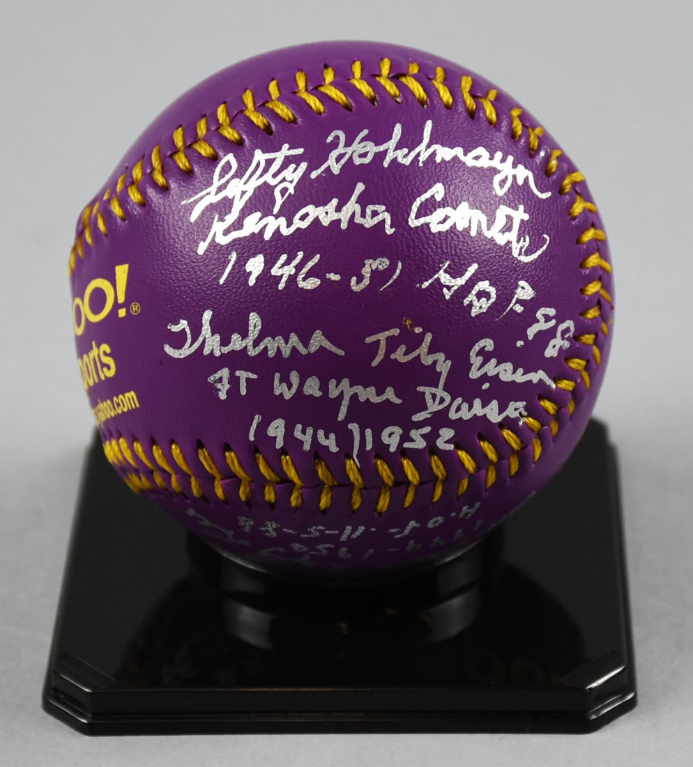 Yahoo Sports AAGPBL Signed Baseball, Rockford Peaches: This great ball was signed by some of the members of the All American Girls Professional Baseball League. Ruth Richard, Rockford Peaches; Lil(lian) Faralla, several teams; Helen Hannah, Muskogee Lassi
