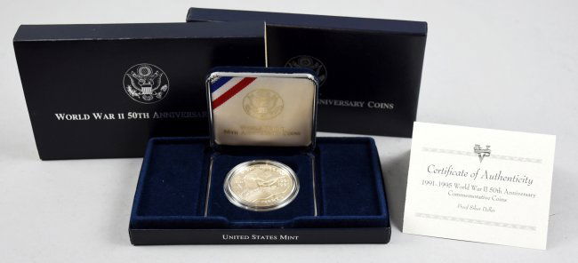 1991 - 1995 WWII 50th Anniversary Proof Coin: This coin commemorates the 50th Anniversary of World War II. It is a Silver dollar that shows the Allied Troops storming the Beaches of Normandy on the obverse, and a quote by General Dwight D. Eisenh