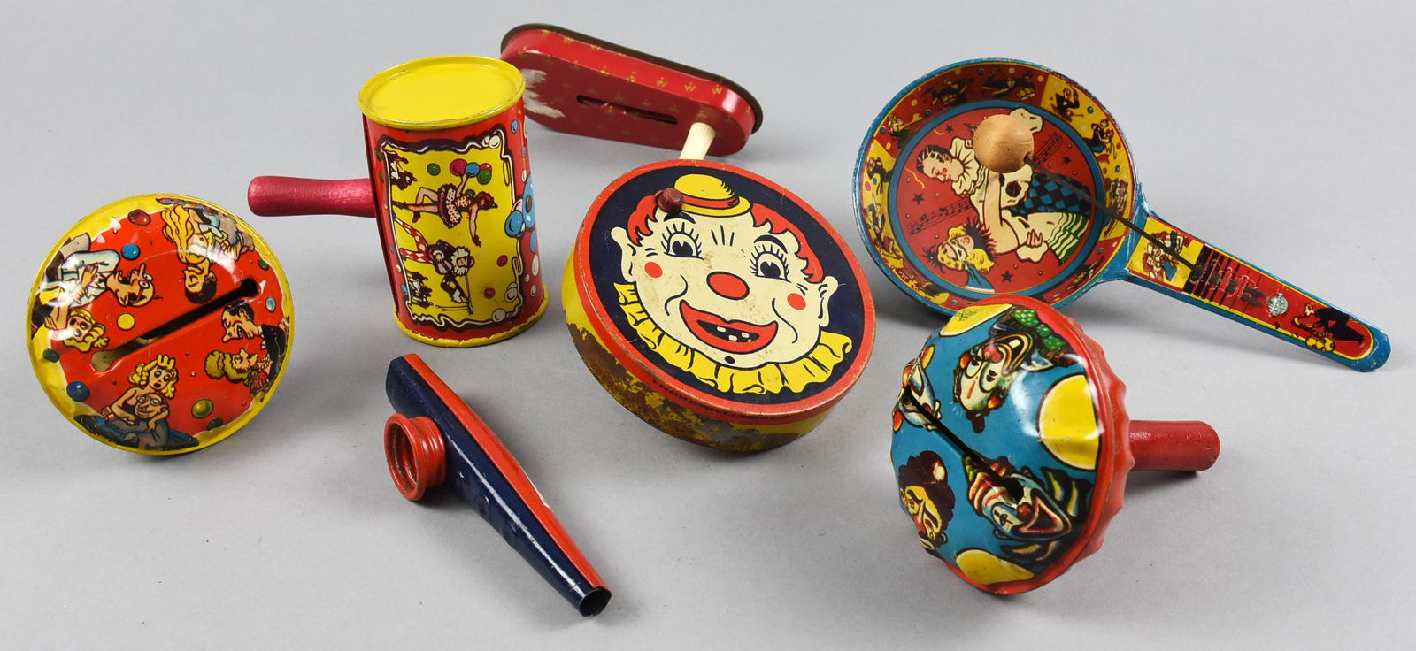 Lot of 6 Vintage Tin Litho Noise Makers & A M (1 of 4)