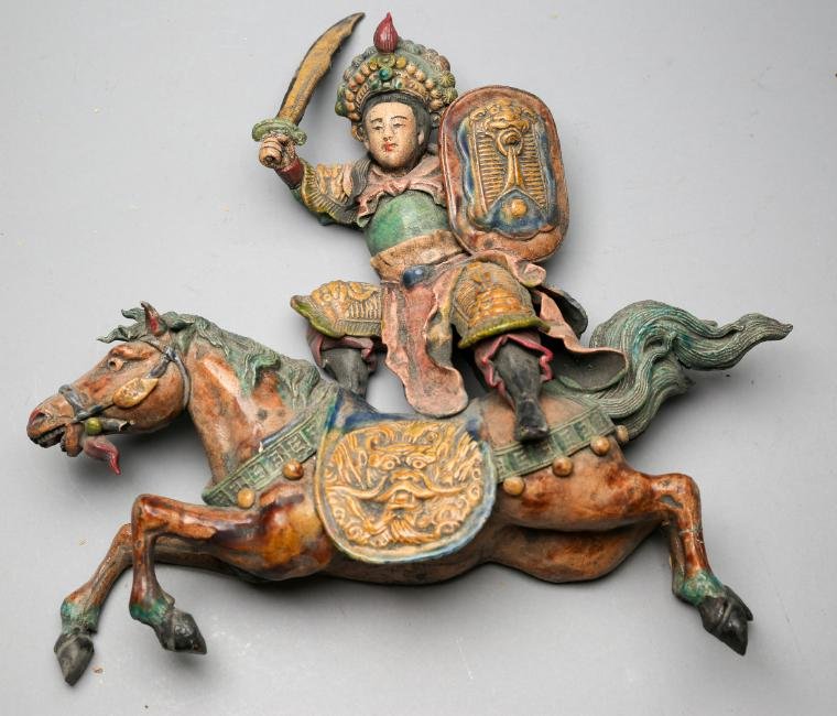 Antique Chinese Roof Tile, Warrior & Horse: Antique Glazed Chinese Roof Tile, Warrior on Horseback. Sitting on the back of a horse with shield and sword. 16 inches tall. Has repairs throughout the piece. Some chips. Please refer to photos for c