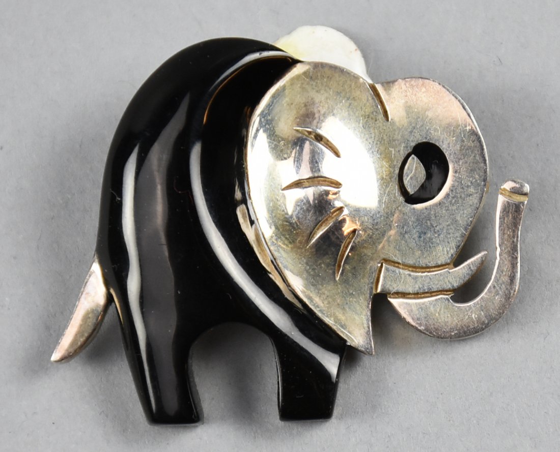 Mexican Sterling & Onyx Modernistic Elephant Brooch (1 of 3)