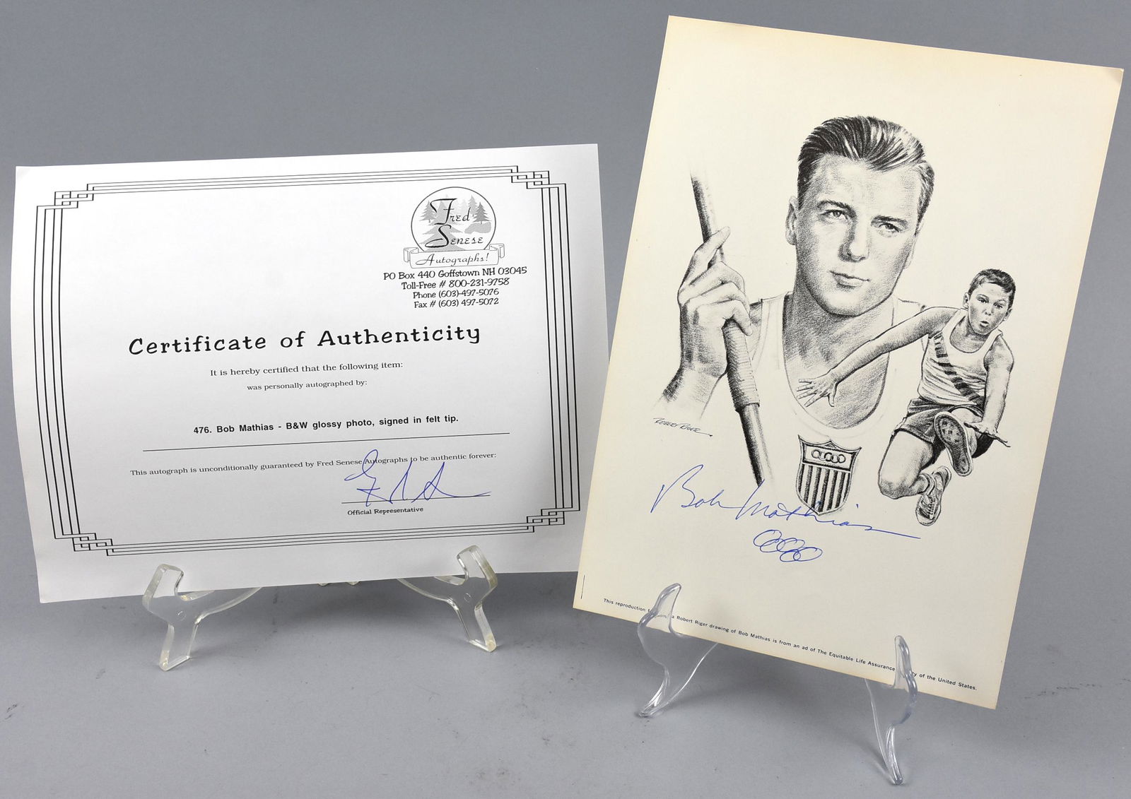 Robert Riger, Bob Mathias Signed Print, COA: Bob Mathias was an actor known for the Troubleshooters, as well as some smaller roles. But before that, he was a gold medal winner in the 1948 and 1952 Olympics. This print by Robert Riger is the usua