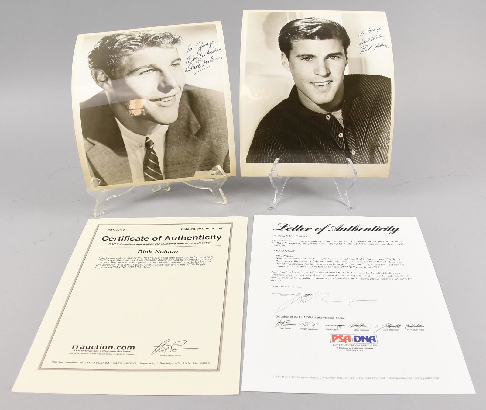 Pair Rick Nelson Signed B&W Glossy, COA PSA: These great photos were signed by the late great Rick Nelson. One was dedicated to George with Best Wishes. Comes with COA from R&R Enterprises. The other also signed Best Wishes comes with COA from P