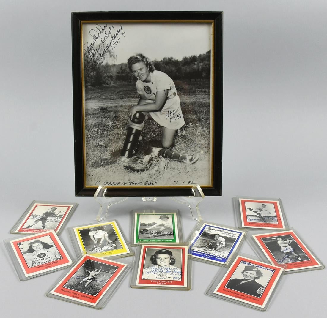 The All American Girls Baseball League came about durin: Truly in a league of their own, these baseball cards are signed by four of the players who played in the All American Girls baseball league. Lavonne "Pepper" Paire, Catcher; Faye Dancer, outfield; Ann