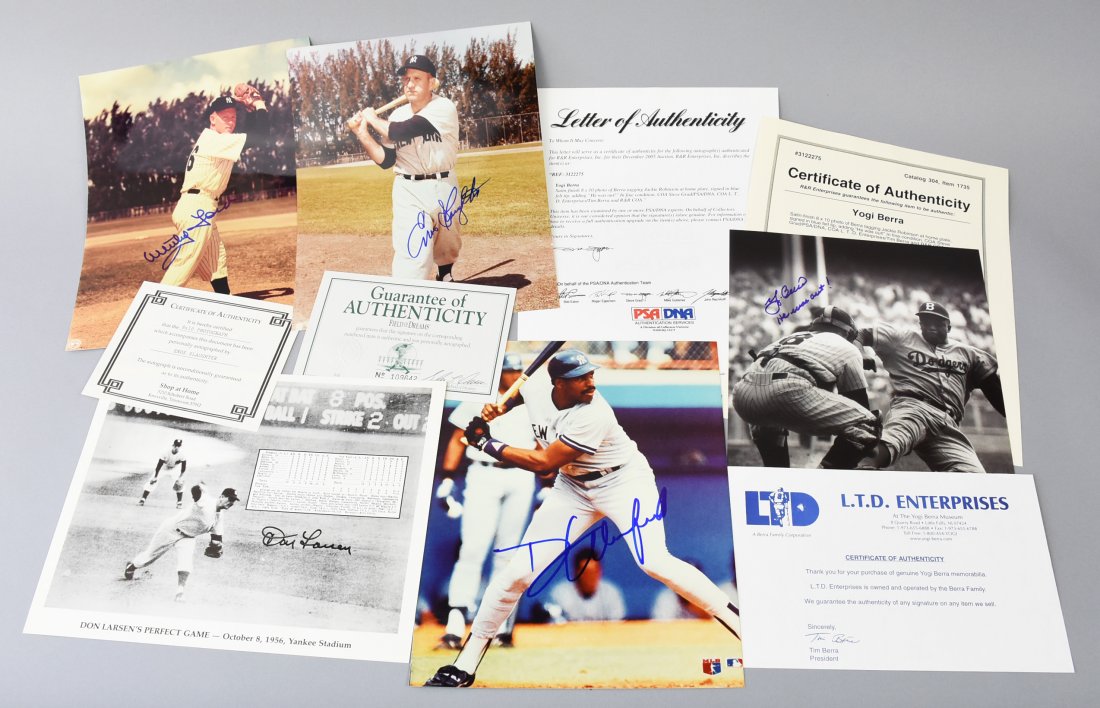 Yankees Player Signed Photos Ford Larsen Berra Robinson: Great photos of New York Yankees players some with COAs and/or ticket stubs from signing events. Whitey Ford, Enos Slaughter, Don Larsen, Dave Winfield and Yogi Berra tagging out Jackie Robinson. The 