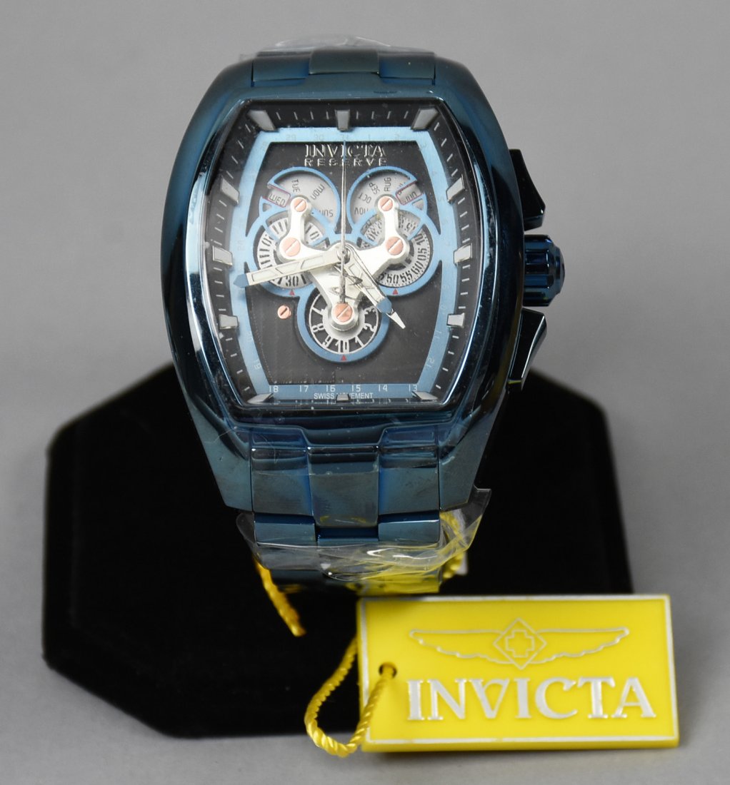 Invicta Diablo 27056: Pretty Invicta Reserve Diablo, no. 27056 that has never been worn and comes with most of the original factory protective wrap. All blue stainless with Swiss movement.
