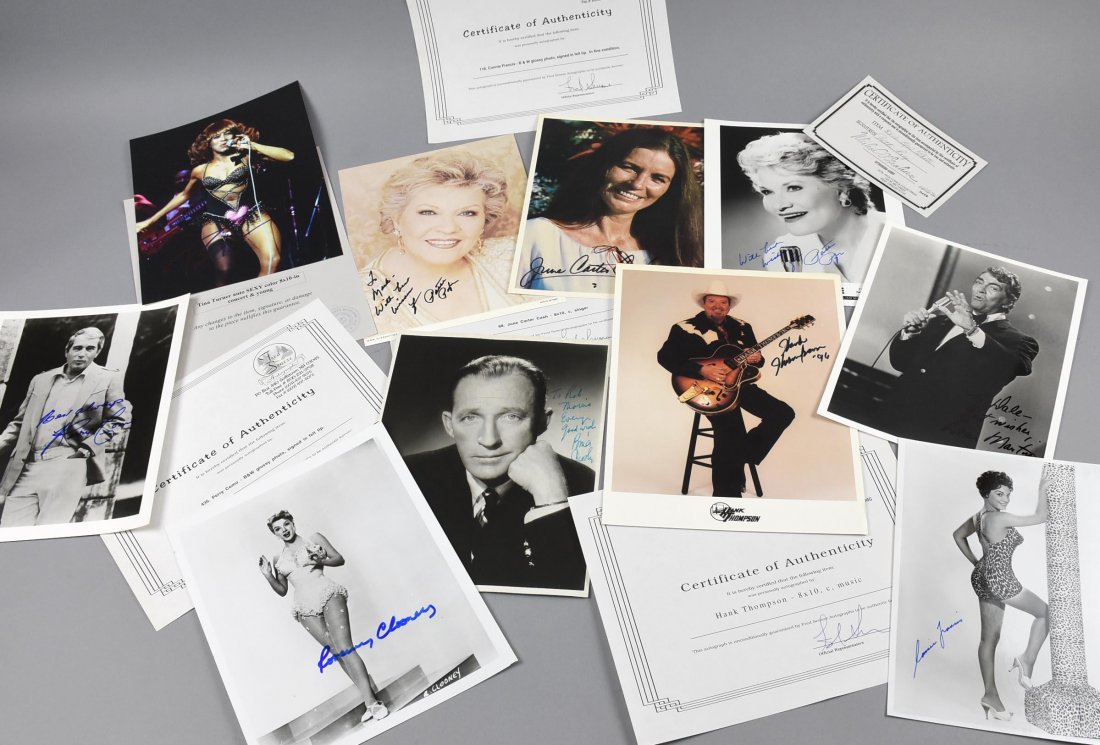 Signed Singers Photo Lot, Turner, Como, Dean Martin: These singers have all signed their photos, names include , Tina Turner with COA, Dean Martin, Perry Como with COA, Hank Thompson with COA, Patti Page one photo with COA, June Carter Cash with COA, Co