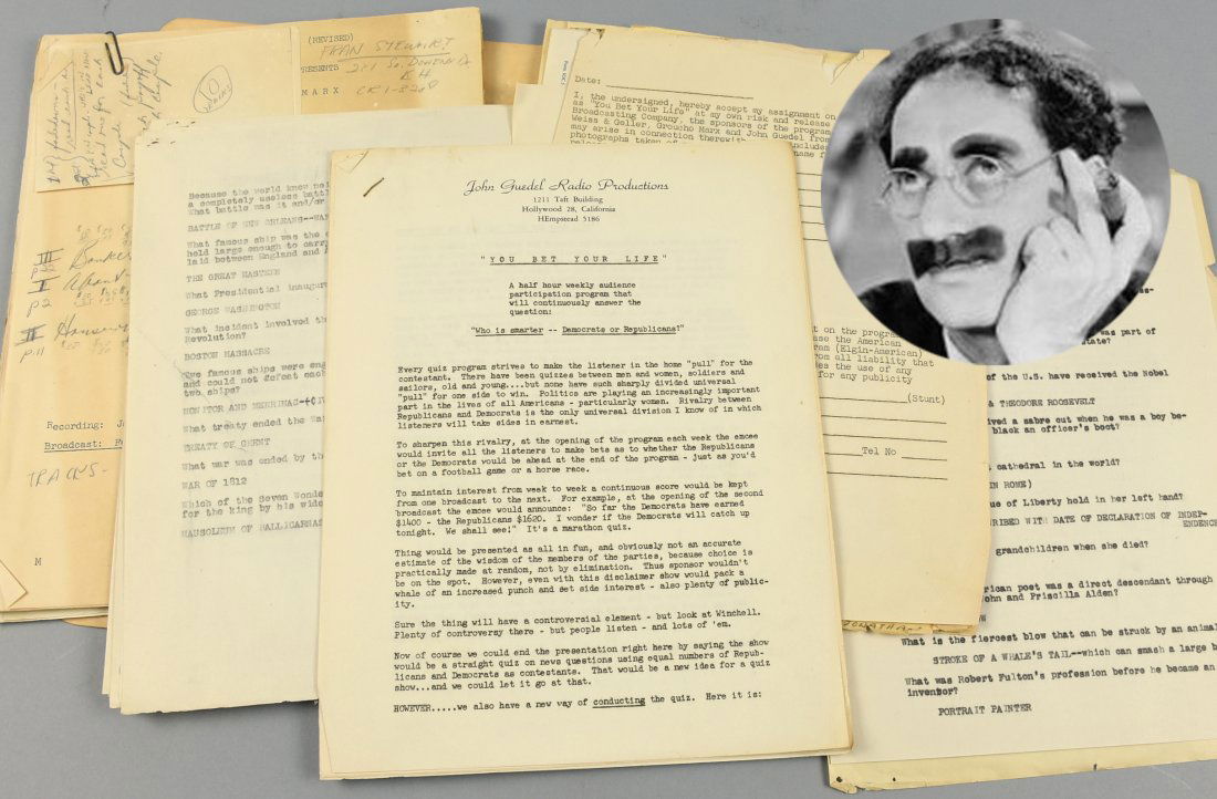 1949 Groucho Marx "You Bet Your Life" Script: You Bet Your Life ran from 1947 to 1950 on radio before transitioning to television for another 10 years. This script is from 1949 and comes from the estate of a woman that worked for Guedel Radio Pro